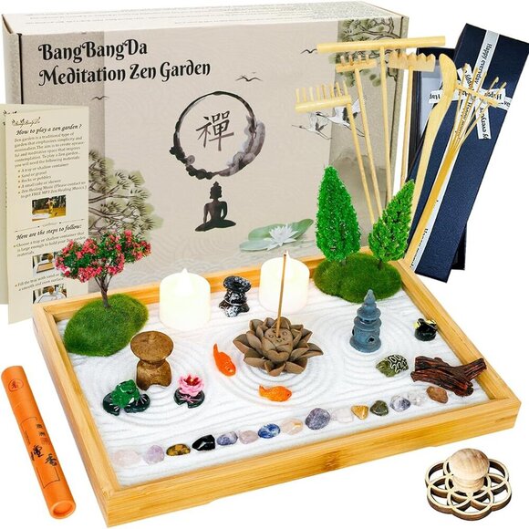 Desk Zen Garden Kit - 11x7.5in Mini Rock Garden Zen Gift Set for Home Office Des